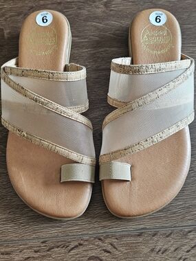 Andre Assous Beige Mesh and Cork Trim Slide Sandals